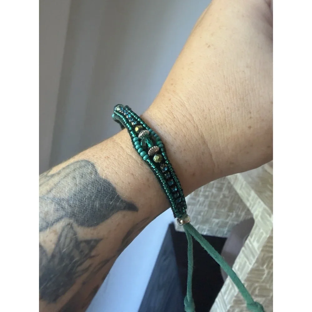 Emerald Green Beaded Bracelet Teal Crystal Adjustable Suede Cord Boho Bracelet